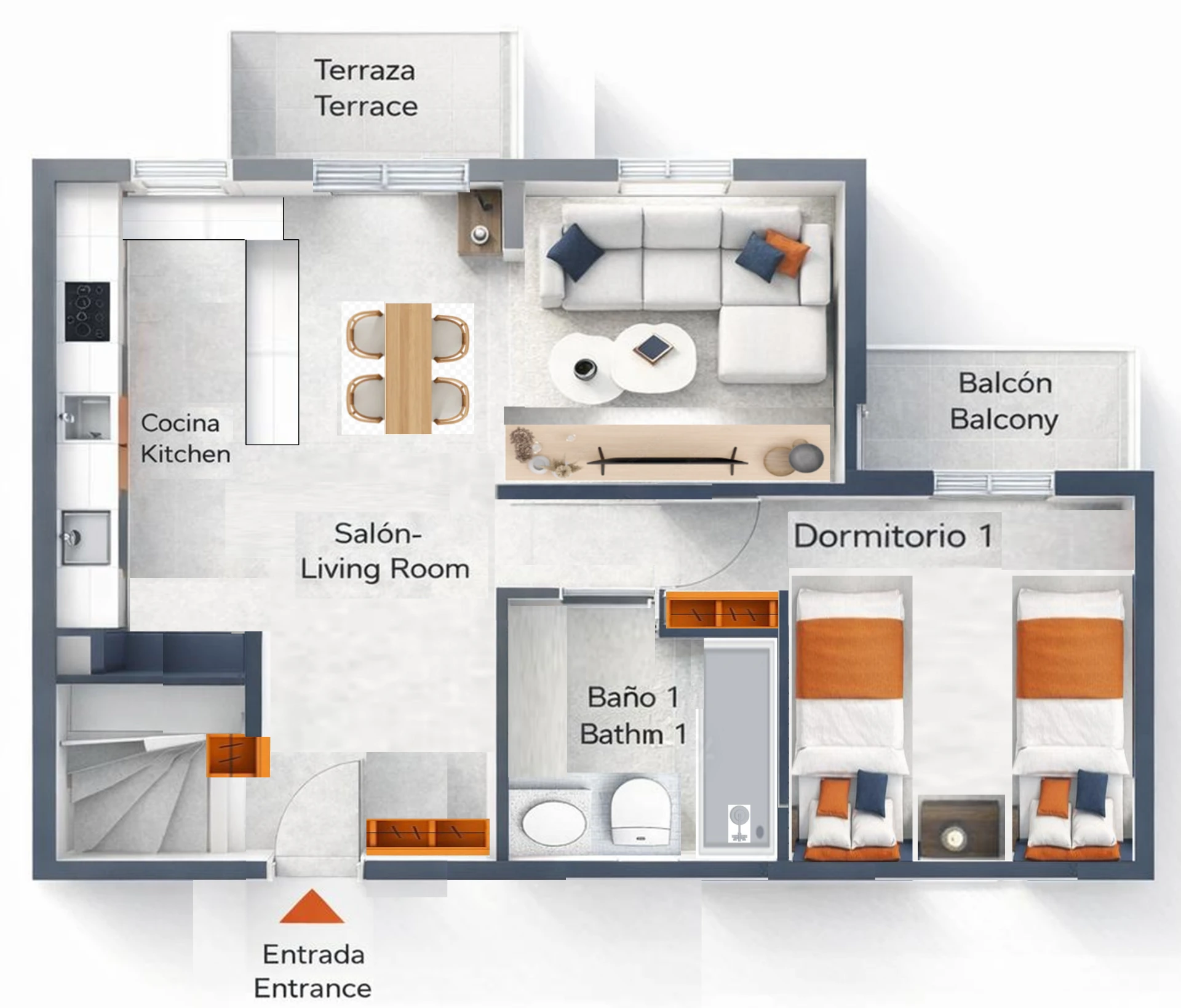Floor plan of the 1st floor — kitchen, living room, dining area, terrace, balcony, bathroom 1 and bedroom 1