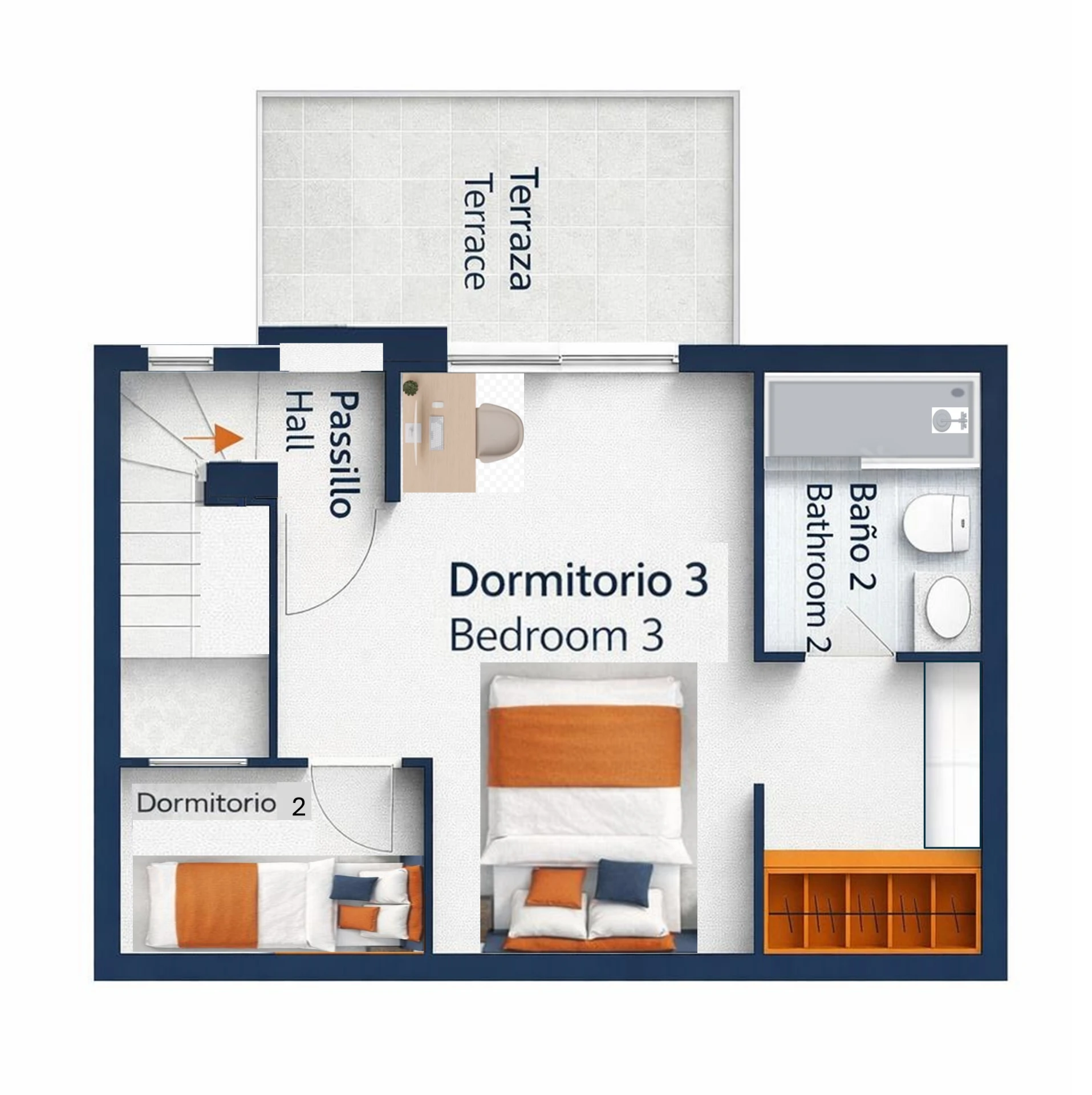 Floor plan of the 2nd floor — hall, bedroom 2, bedroom 3, bathroom 2 and terrace